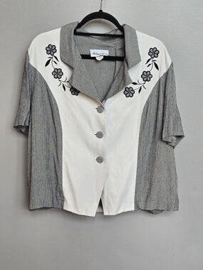 ​VTG Michael Blake Embroidered Floral Top Size 22WP Houndstooth Contrast Blouse